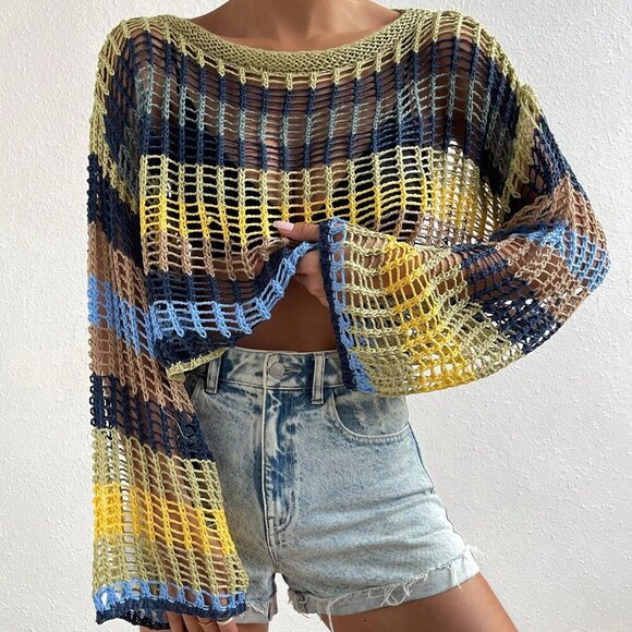 Multicolor Colorblock Women's Hollow Out top - Picture 5 of 6